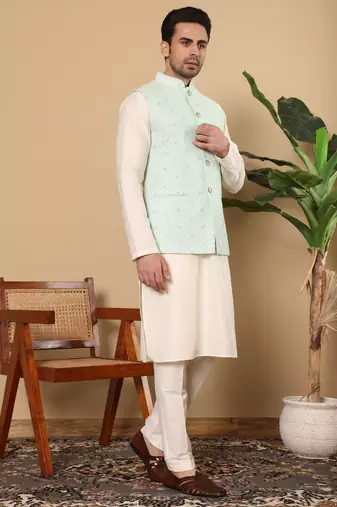 Sea green silk embroidered nehru jacket