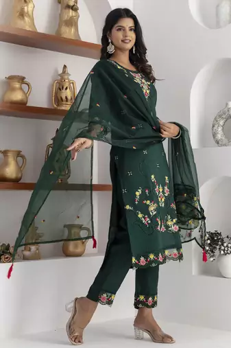 Green embroidered viscose silk salwar suit