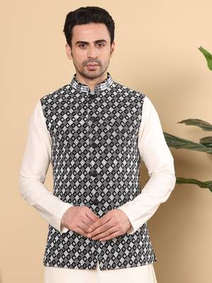 Black silk embroidered nehru jacket 1