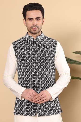 Black silk embroidered nehru jacket