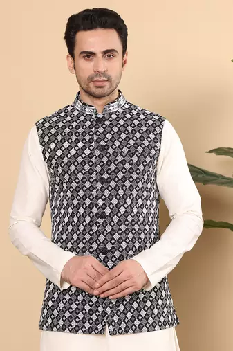 Black silk embroidered nehru jacket