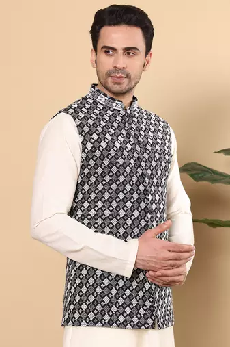 Black silk embroidered nehru jacket
