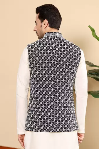 Black silk embroidered nehru jacket