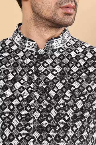 Black silk embroidered nehru jacket