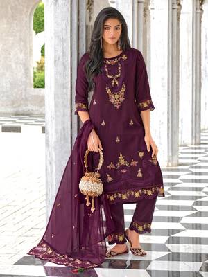 Purple embroidered viscose silk salwar suit 1