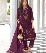 Purple embroidered viscose silk salwar suit