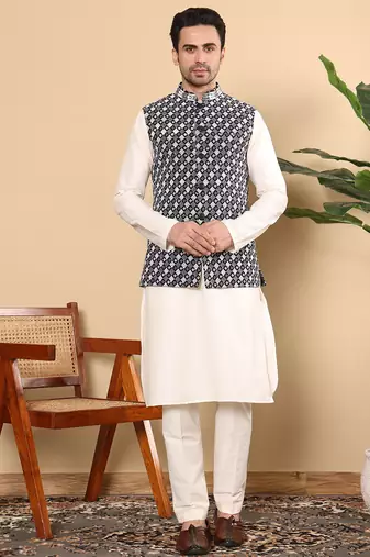 Black silk embroidered nehru jacket
