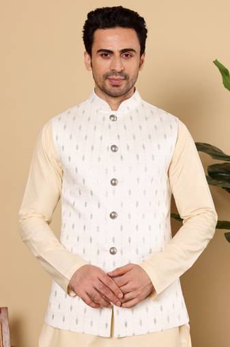 White silk embroidered nehru jacket