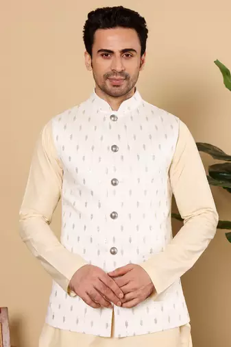 White silk embroidered nehru jacket