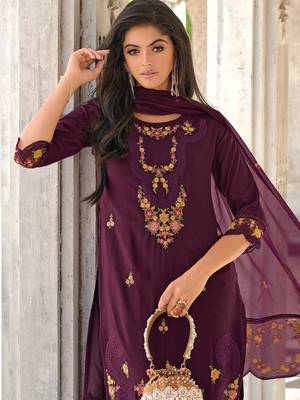 Purple embroidered viscose silk salwar suit 2