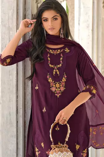 Purple embroidered viscose silk salwar suit