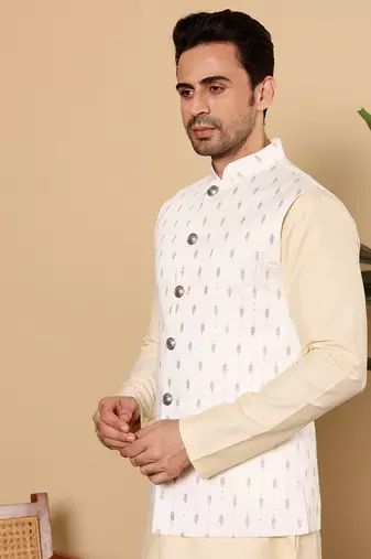 White silk embroidered nehru jacket