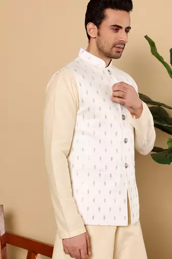 White silk embroidered nehru jacket