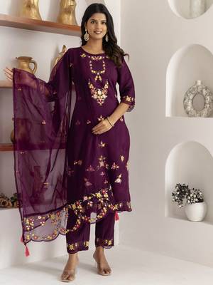Purple embroidered viscose silk salwar suit 1