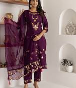 Purple embroidered viscose silk salwar suit