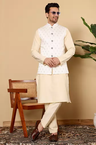 White silk embroidered nehru jacket
