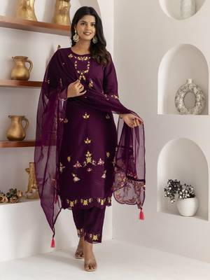 Purple embroidered viscose silk salwar suit 2