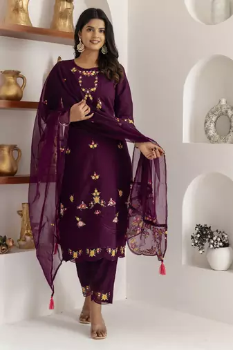 Purple embroidered viscose silk salwar suit