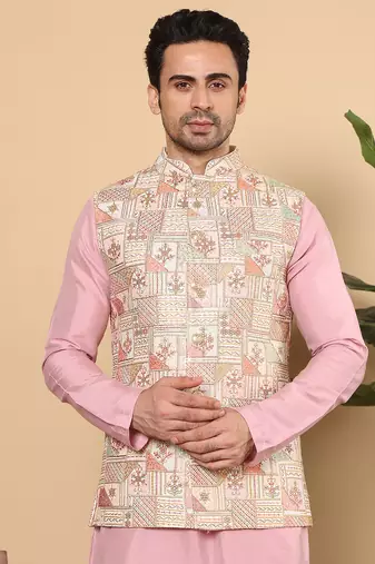 Multicolor silk embroidered nehru jacket