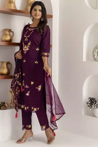 Purple embroidered viscose silk salwar suit