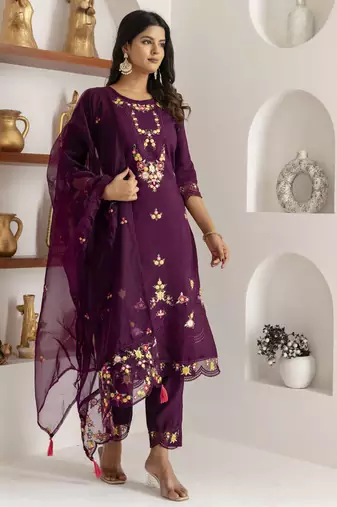 Purple embroidered viscose silk salwar suit