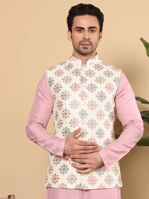 White silk embroidered nehru jacket 1