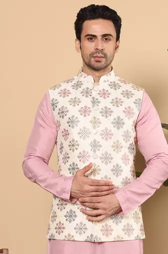 White silk embroidered nehru jacket