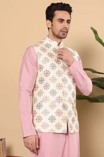 White silk embroidered nehru jacket