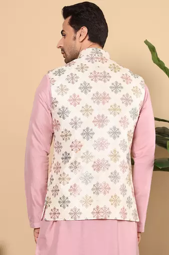White silk embroidered nehru jacket