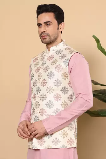 White silk embroidered nehru jacket