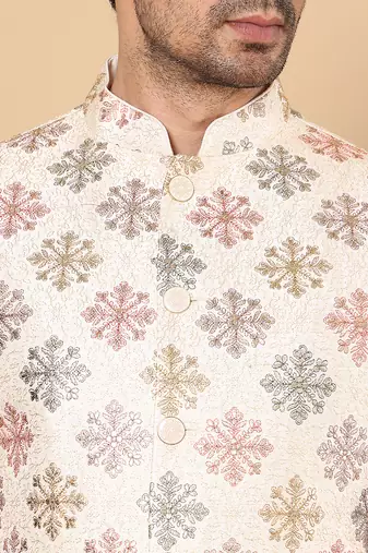 White silk embroidered nehru jacket