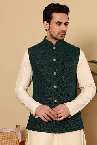 Black silk embroidered nehru jacket