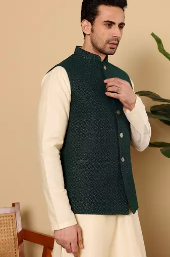 Black silk embroidered nehru jacket