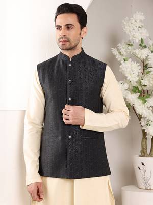 Cream silk embroidered nehru jacket 1