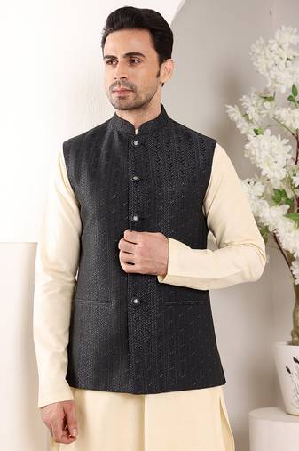 Cream silk embroidered nehru jacket