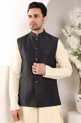 Cream silk embroidered nehru jacket