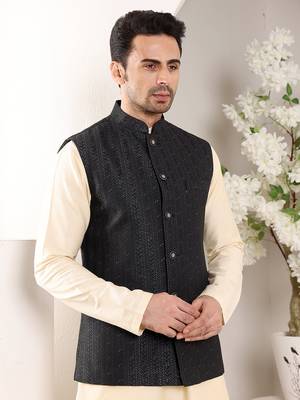 Cream silk embroidered nehru jacket 2