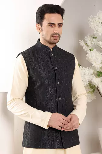 Cream silk embroidered nehru jacket