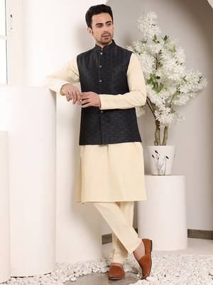 Cream silk embroidered nehru jacket 5