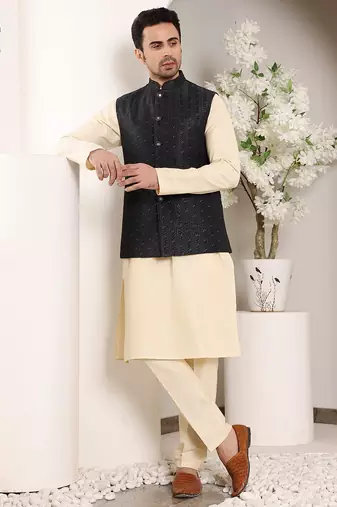 Cream silk embroidered nehru jacket
