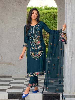 Teal embroidered viscose silk salwar suit 1