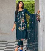 Teal embroidered viscose silk salwar suit