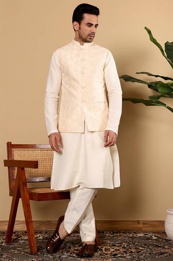 White silk embroidered nehru jacket