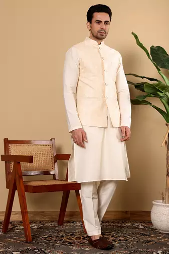 White silk embroidered nehru jacket
