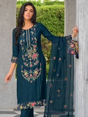 Teal embroidered viscose silk salwar suit 2