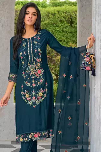 Teal embroidered viscose silk salwar suit