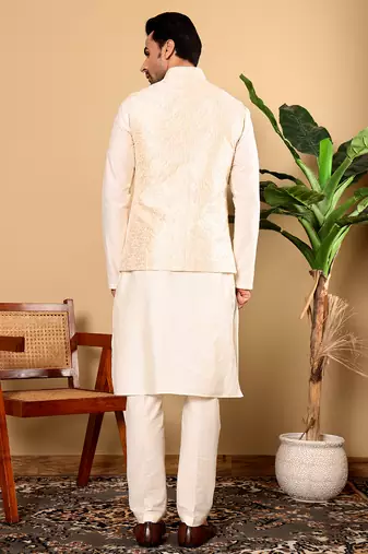 White silk embroidered nehru jacket
