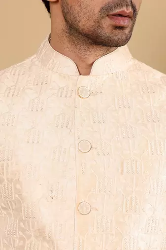 White silk embroidered nehru jacket