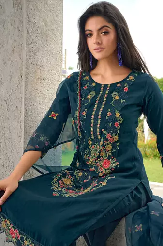Teal embroidered viscose silk salwar suit