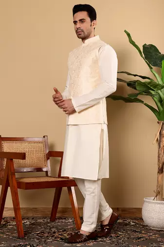White silk embroidered nehru jacket